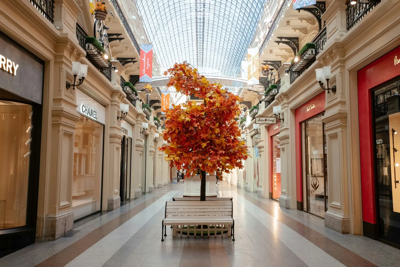 Allée déserte d'une galerie marchande couverte, vitrines de part et d'autre, un banc devant un arbre aux feuilles d'automne